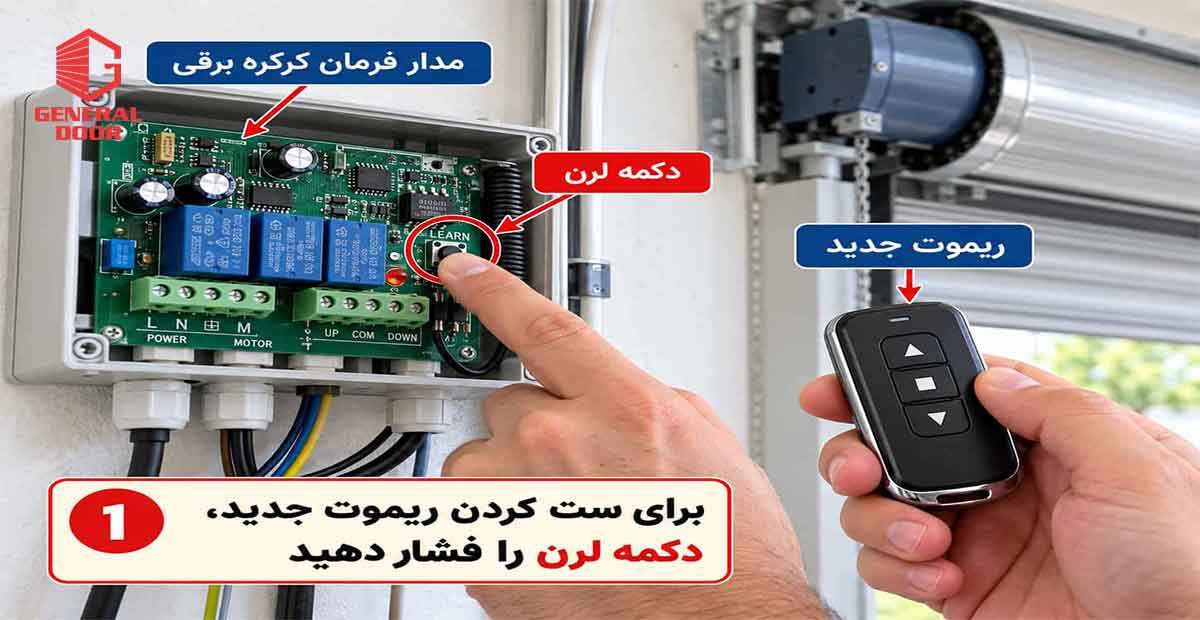 نحوه فشردن دکمه لرن روی مدار فرمان کرکره برقی برای ست کردن ریموت جدید